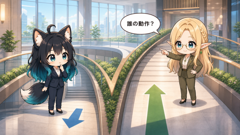 尊敬語と謙譲語の使い分けを、上下に分かれる道で学ぶ狐の新人アカネとエルフの先輩コトネ
