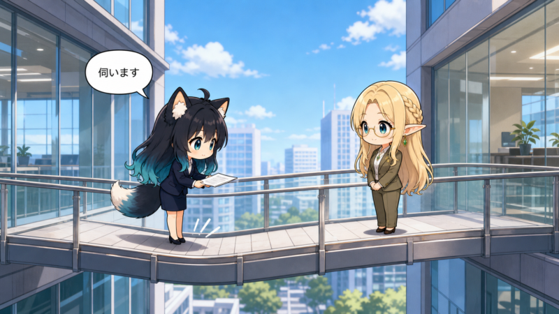よく使う謙譲語を、取引先へ資料を持って伺う場面で示すアカネとコトネ
