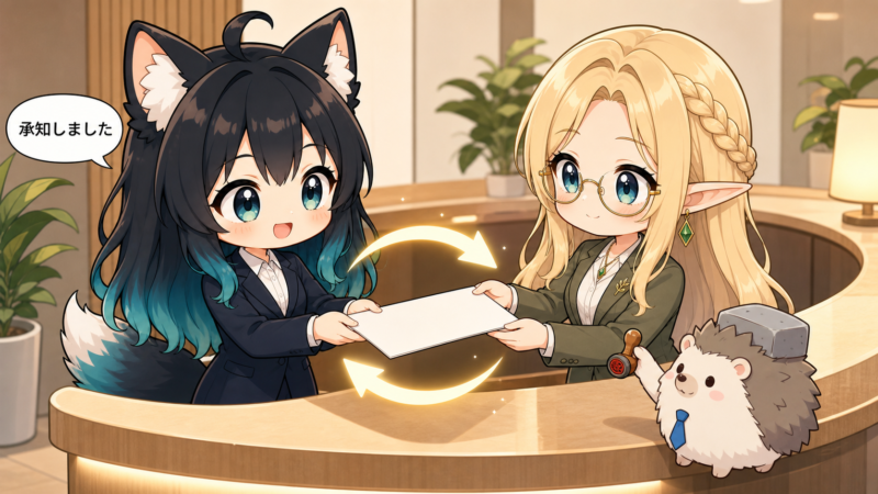 ビジネス敬語の頻出表現といただく・くださるの視点を、資料の受け渡しで示すアカネとコトネとはりたも