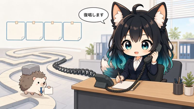 電話対応の敬語と復唱のポイントを、電話線の迷路とメモで示すアカネとはりたも
