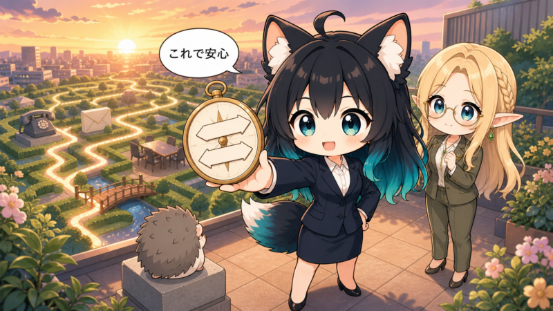 ビジネス敬語のよくある質問を振り返り、動作主で判断する方法を身につけたアカネとコトネとはりたも