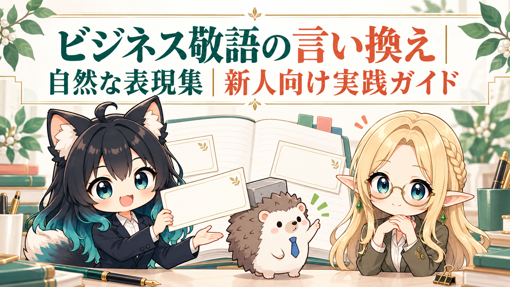アカネ、コトネ、はりたもがビジネス敬語の言い換えを紹介する新人向け実践ガイドのアイキャッチ画像