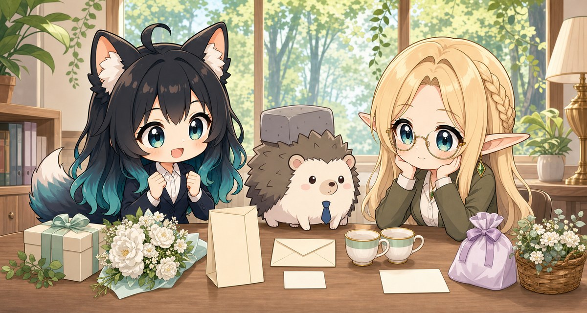 お礼の金額が偶数でも大丈夫かをまとめるアカネとコトネとハリネズミ社長
