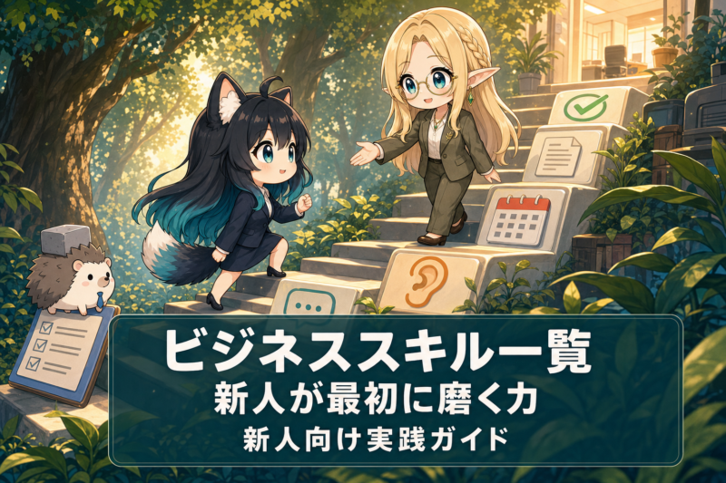 新人のアカネがビジネススキルの階段を上り、コトネとはりたもの案内で成長するアイキャッチ画像
