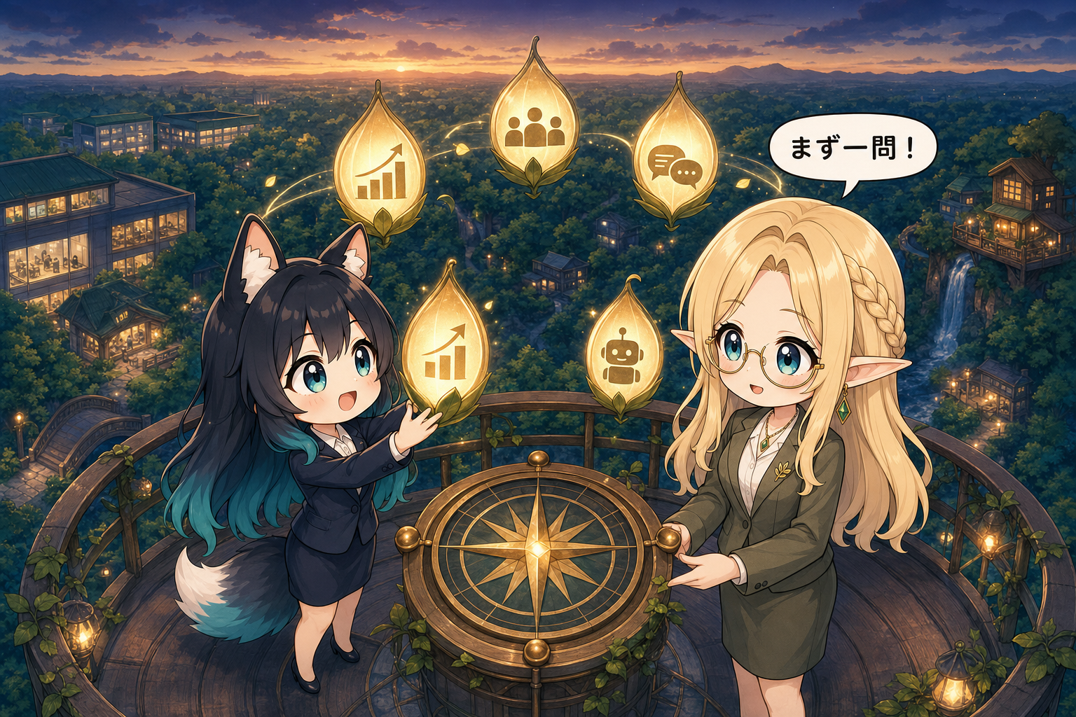 狐っ子アカネとエルフのコトネがビジネススキルのFAQを五つの光る種で確認する様子