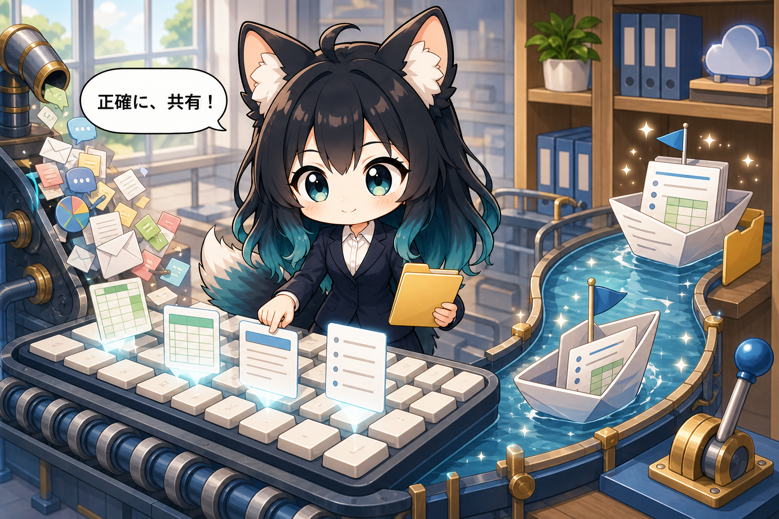 狐っ子アカネがPCで情報を整理し、読みやすい文書として正確に共有する作業風景