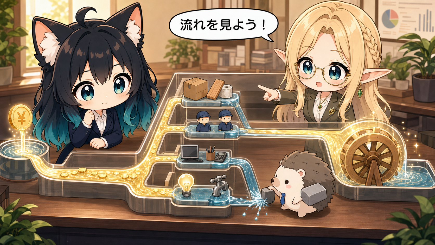 アカネとコトネが売上から費用を引いて利益が残る仕組みを水流と水車で学び、はりたもが無駄な漏れを塞ぐイラスト