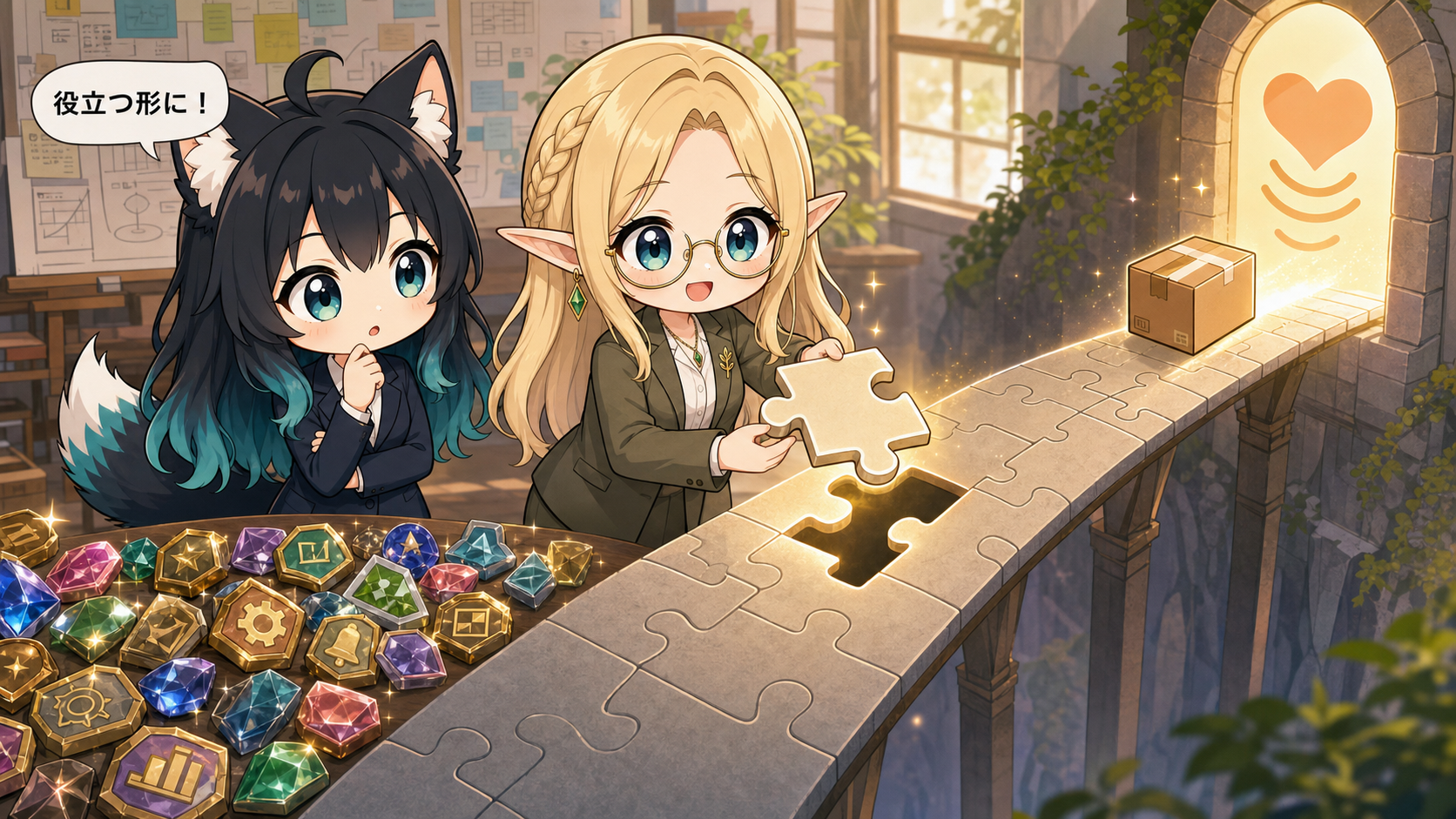 アカネとコトネが顧客の課題に合うシンプルなピースを選び、価値提供の橋を完成させるイラスト