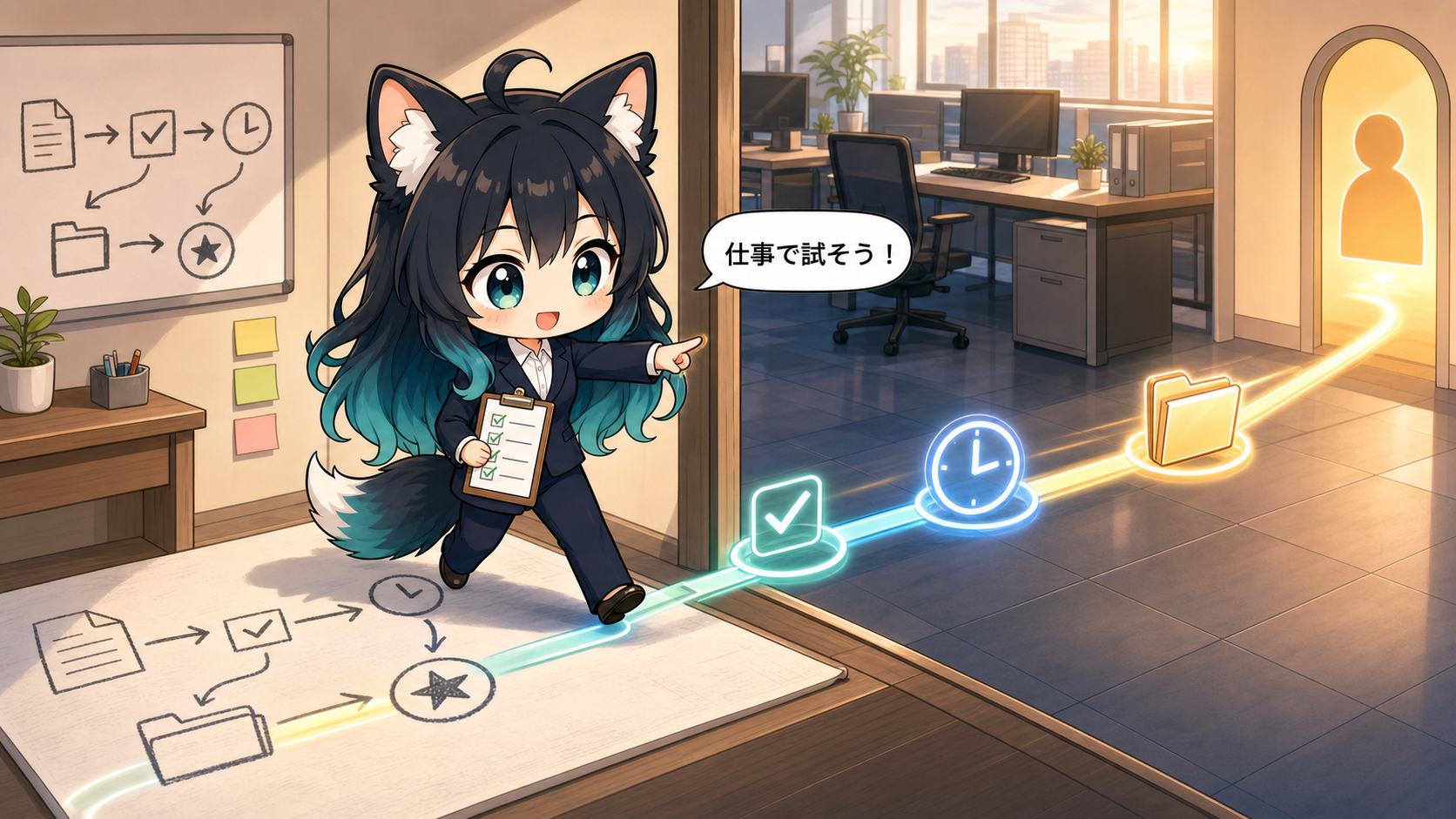アカネが研修の図を実務のレールにつなぎ、チェックリストと期限を確認して仕事を試すイラスト
