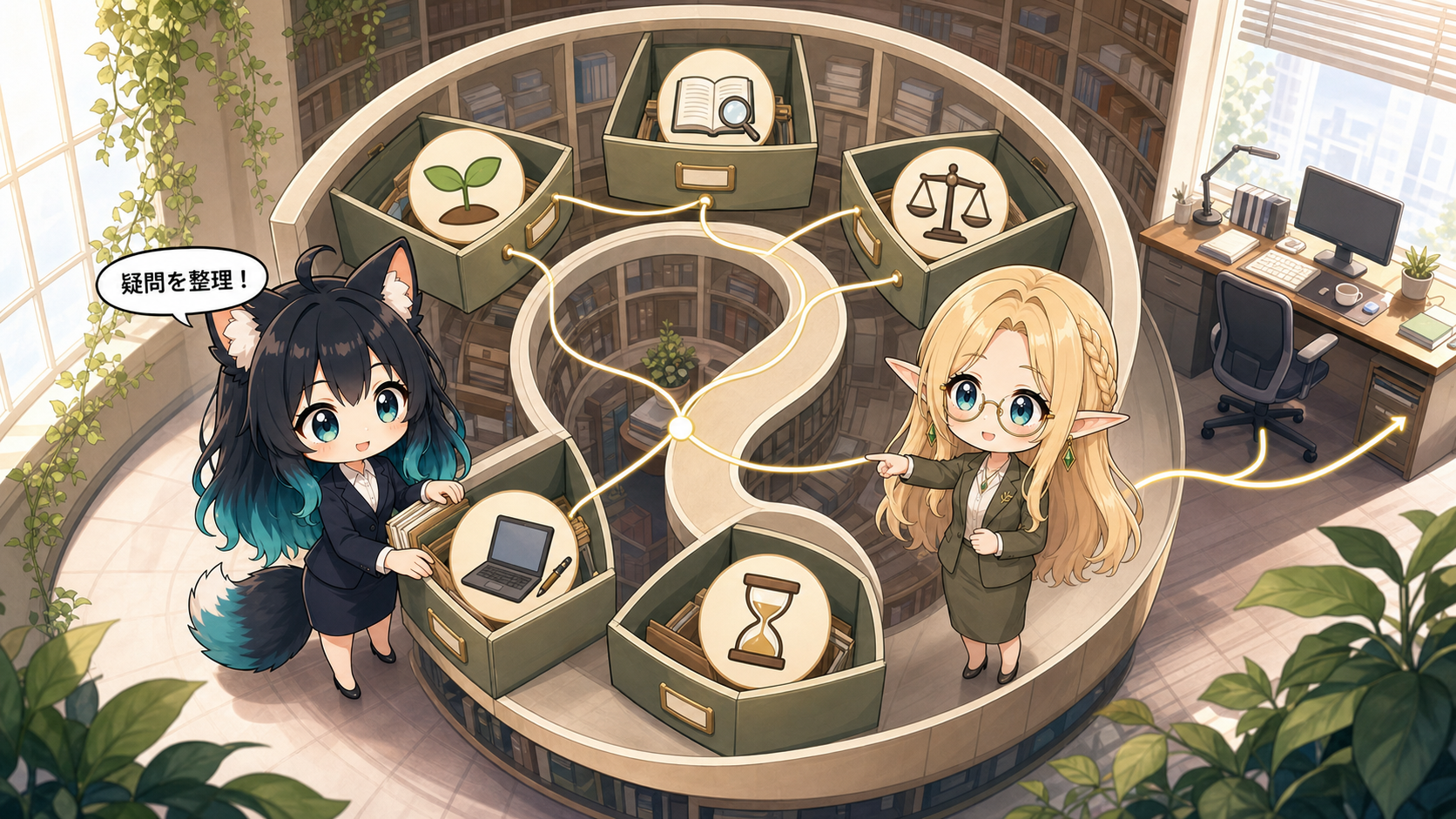 アカネとコトネがビジネス基礎のよくある質問を5つの引き出しで整理するFAQイラスト