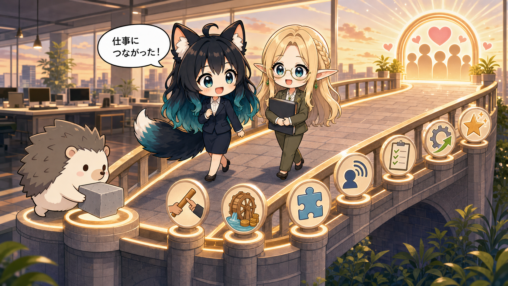 アカネとコトネがビジネス基礎の要素を組み込んだ橋を渡り、はりたもが最後の土台を完成させるまとめイラスト