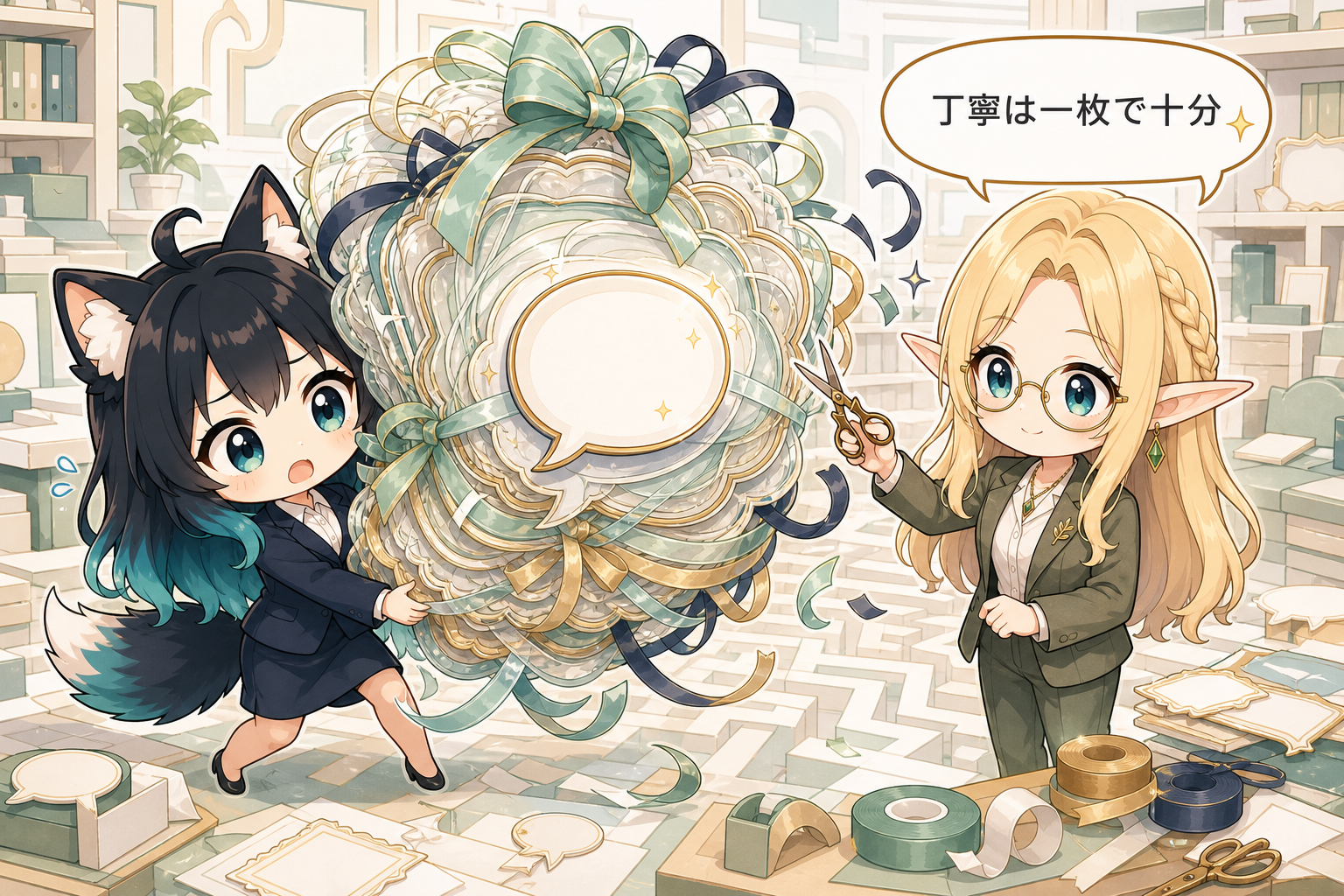 二重敬語を重ねすぎないよう、何重にも包まれた言葉を一つに整えるアカネとコトネ