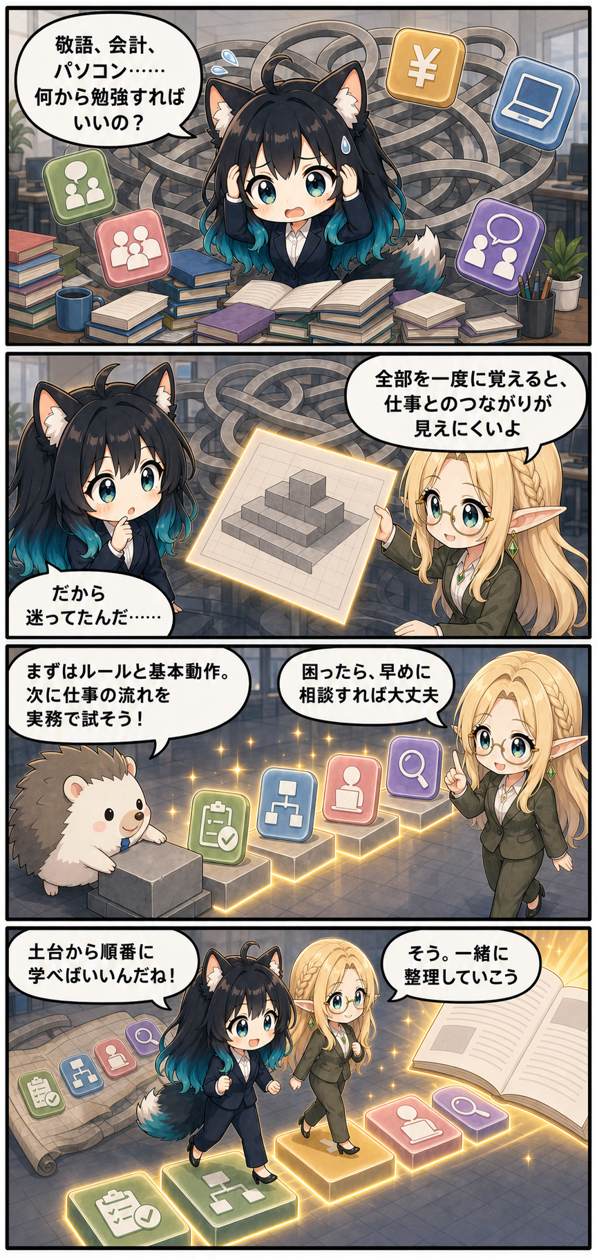 ビジネス基礎を何から学ぶべきか悩む狐っ子アカネが、エルフっ子コトネとはりたもから基本動作・実務・相談の順番を教わる4コマ漫画