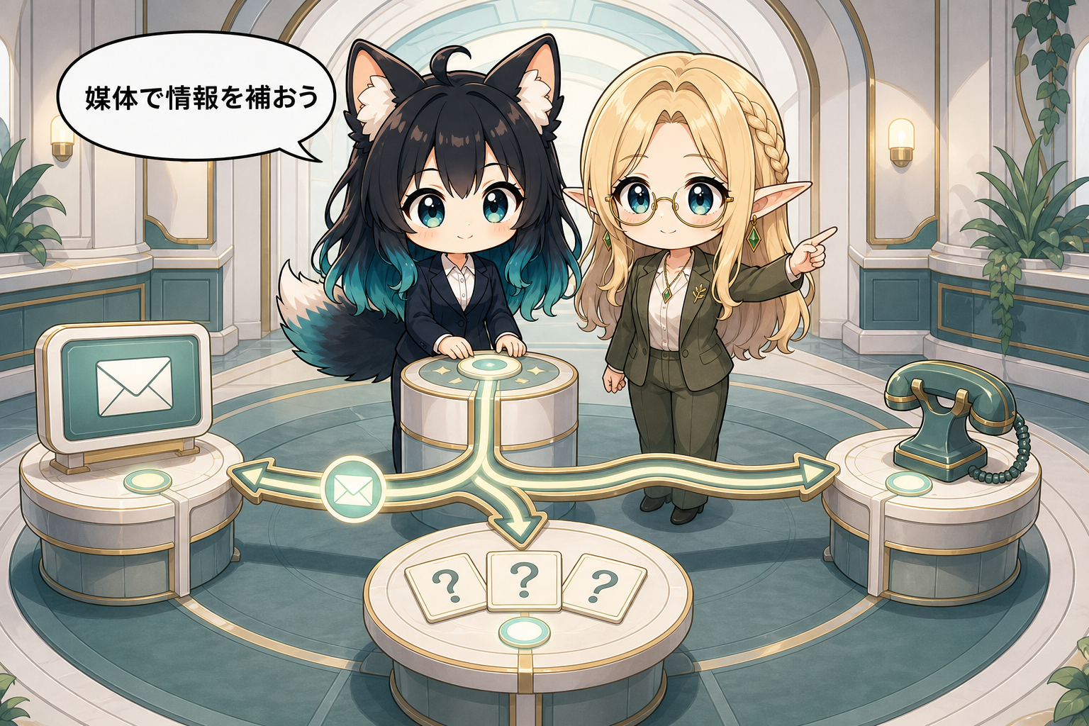 メール・電話・会議の特徴に合わせ、伝える情報を切り替えるアカネとコトネ