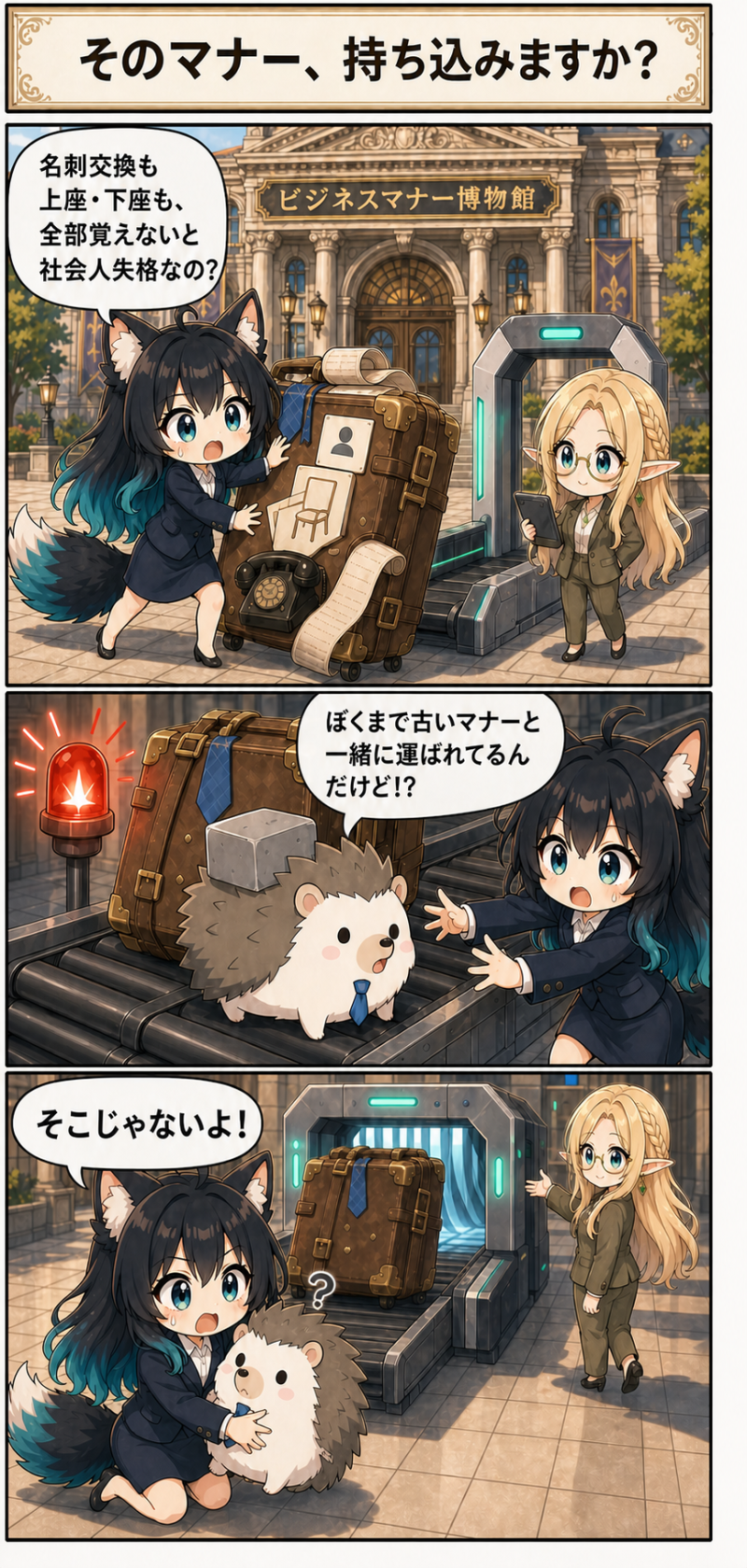 古いビジネスマナーを運ぶアカネ、コトネ、はりたもの導入漫画1ページ目