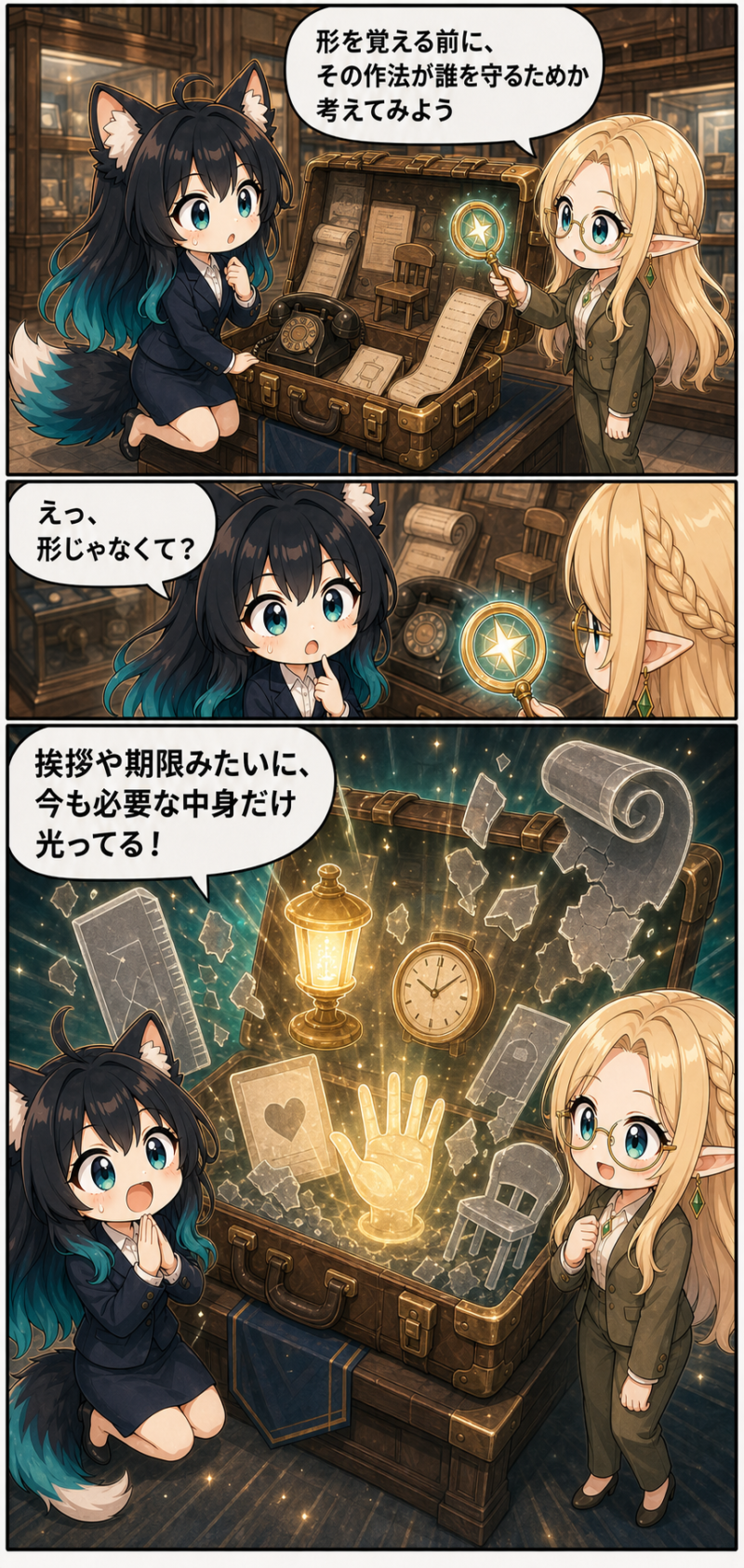 目的が分からないビジネスマナーに疑問を持つアカネたちの導入漫画2ページ目