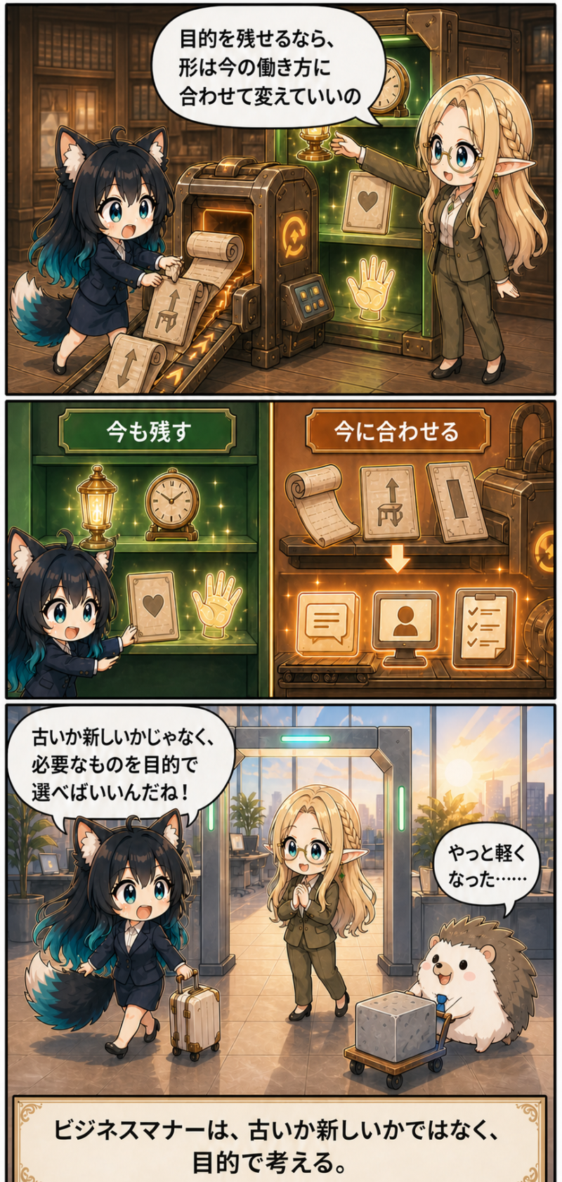 ビジネスマナーは形より目的で考えると気づくアカネ、コトネ、はりたもの導入漫画3ページ目