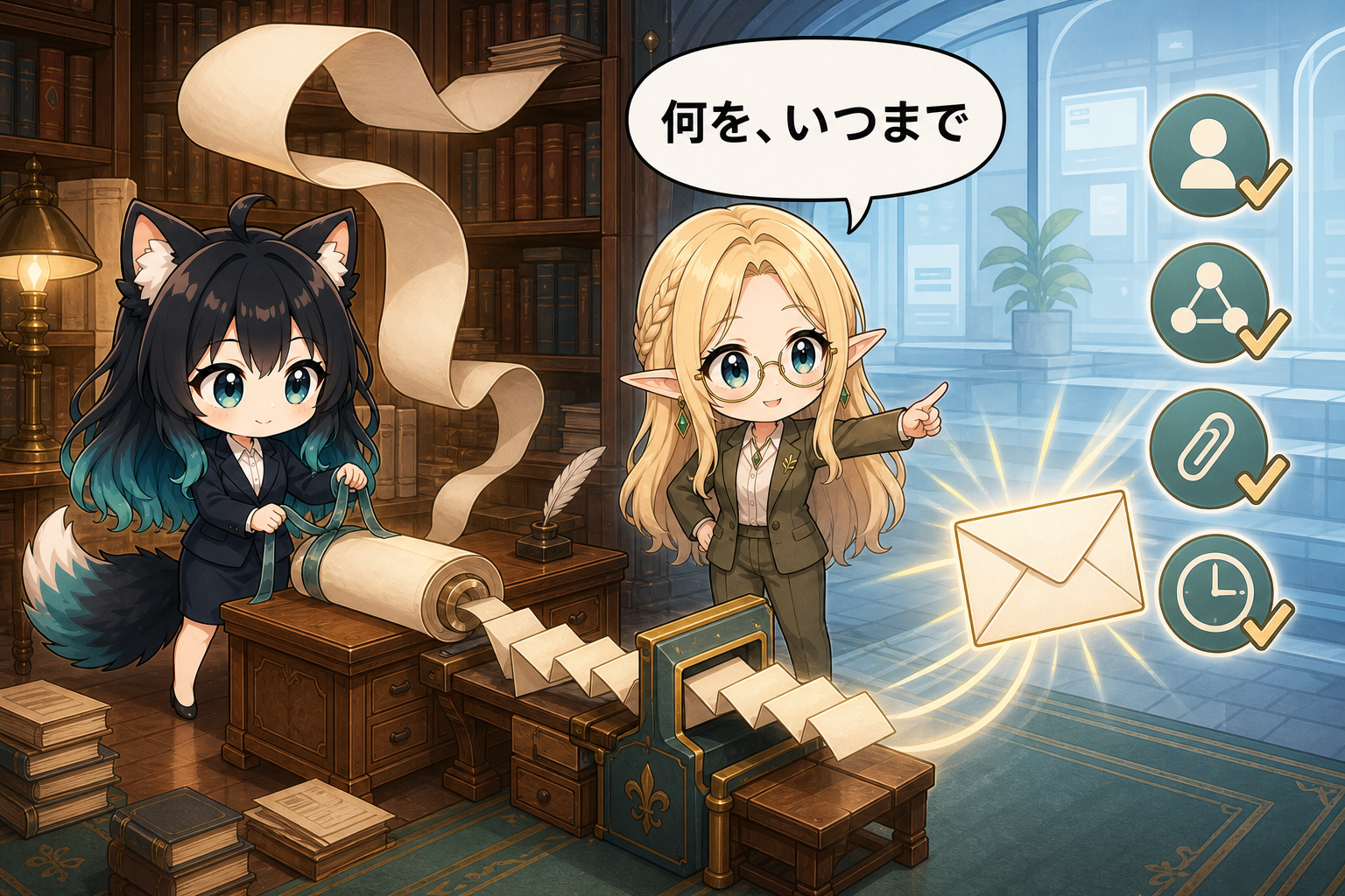 長い定型文を整理し、宛先・添付・期限が分かる明確なビジネスメールを作るアカネとコトネ