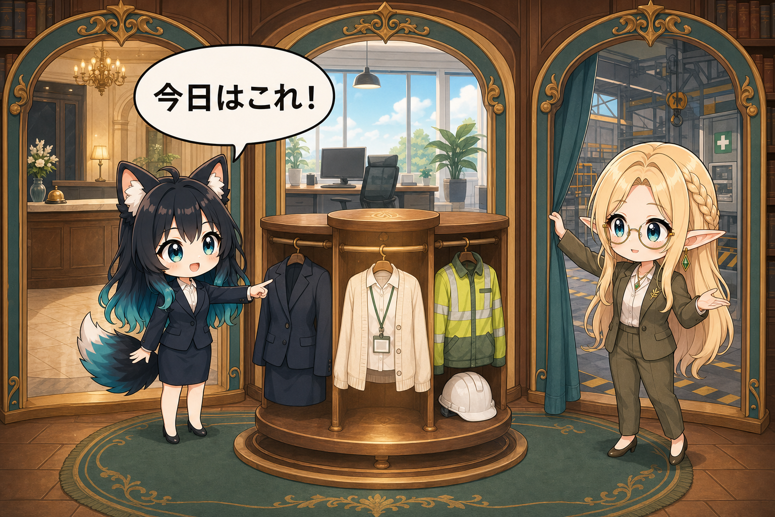 受付・夏のオフィス・工場の場面に合わせ、TPOに適したビジネス服装を選ぶアカネとコトネ
