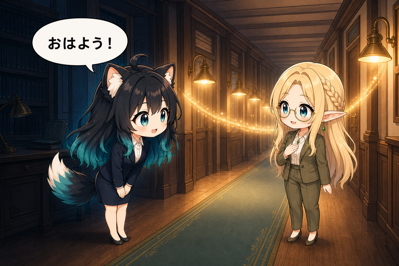 朝の挨拶で暗い職場に灯りがともり、相手への敬意と感謝を伝えるアカネとコトネ