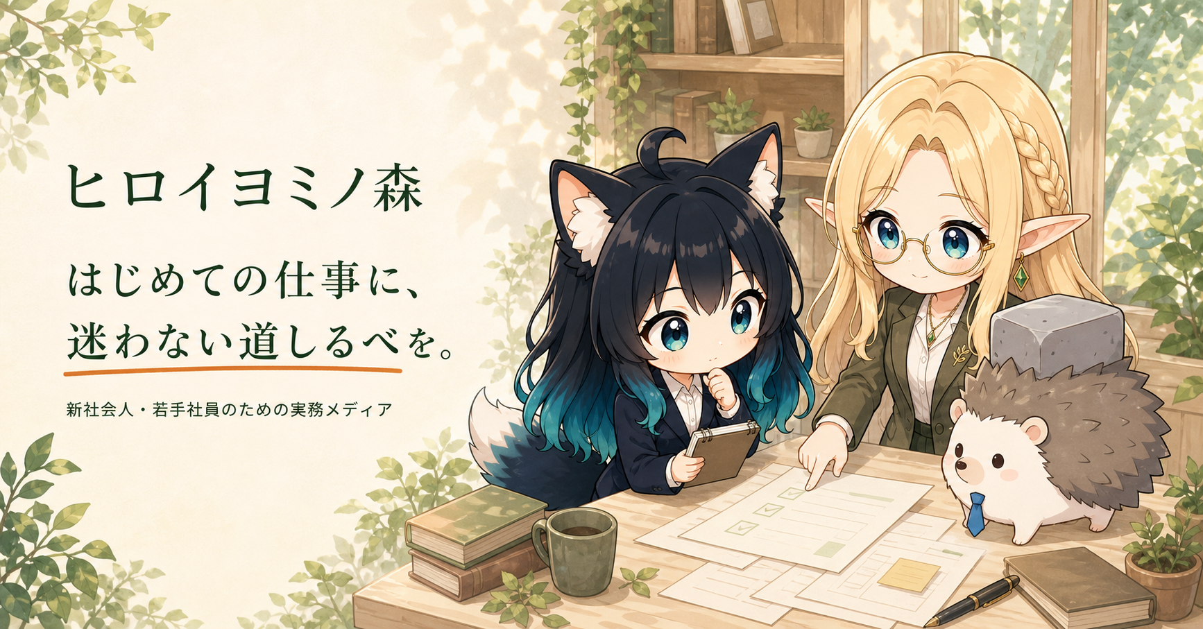 アカネ、コトネ、はりたもが森の中を案内するイラスト