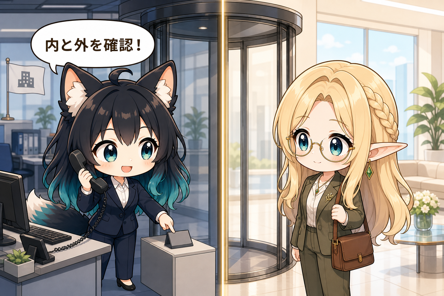 自社と社外の内外関係を回転扉で確認し、電話対応するアカネと来客のコトネ