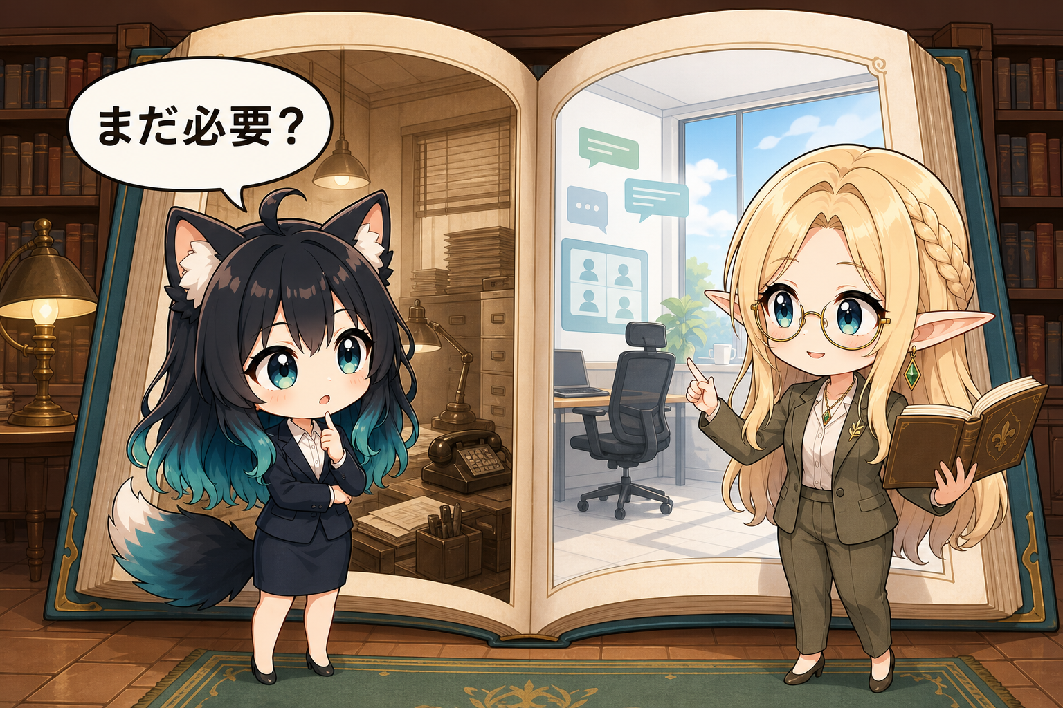 古い紙中心の職場と現代のオンライン職場を見比べ、ビジネスマナーが時代遅れか考えるアカネとコトネ