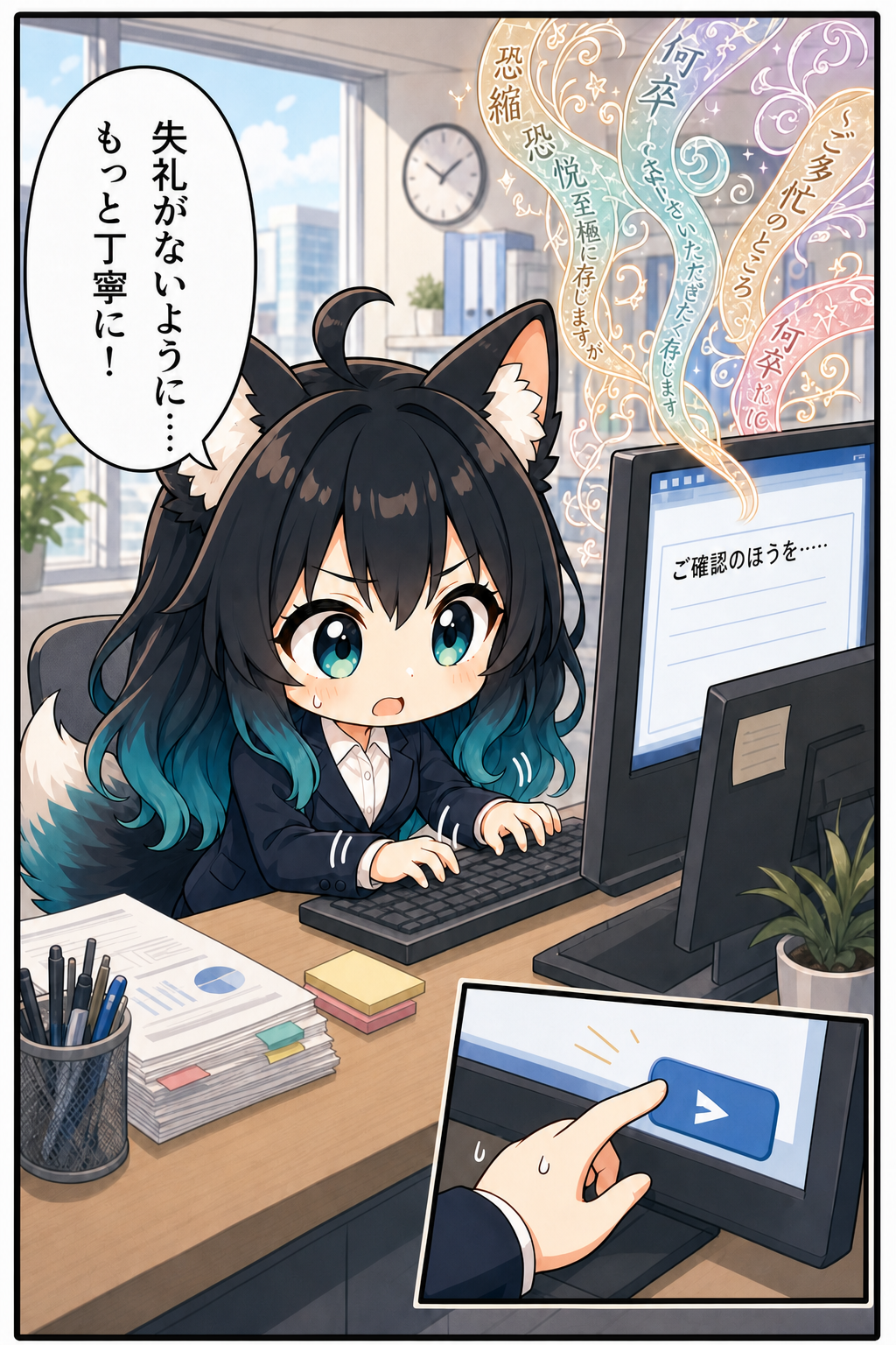 導入漫画1：失礼がないよう丁寧にしようと、長い敬語のメールを書く狐っ子アカネ
