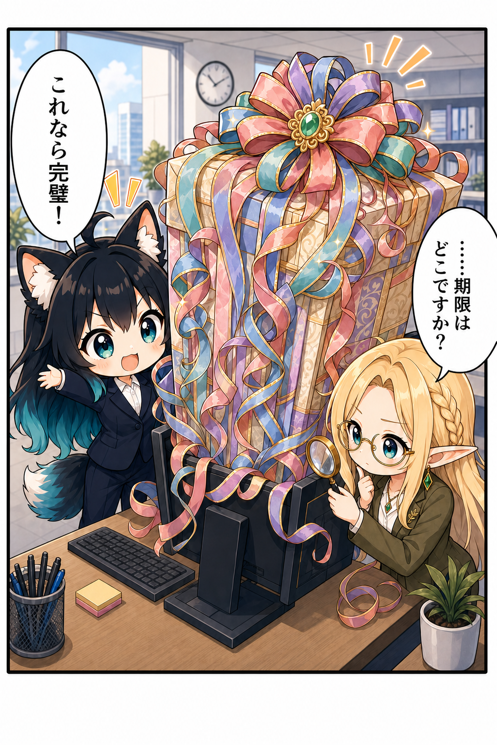 導入漫画2：敬語が巨大な包装箱になり、期限を探すエルフっ子コトネと得意げなアカネ