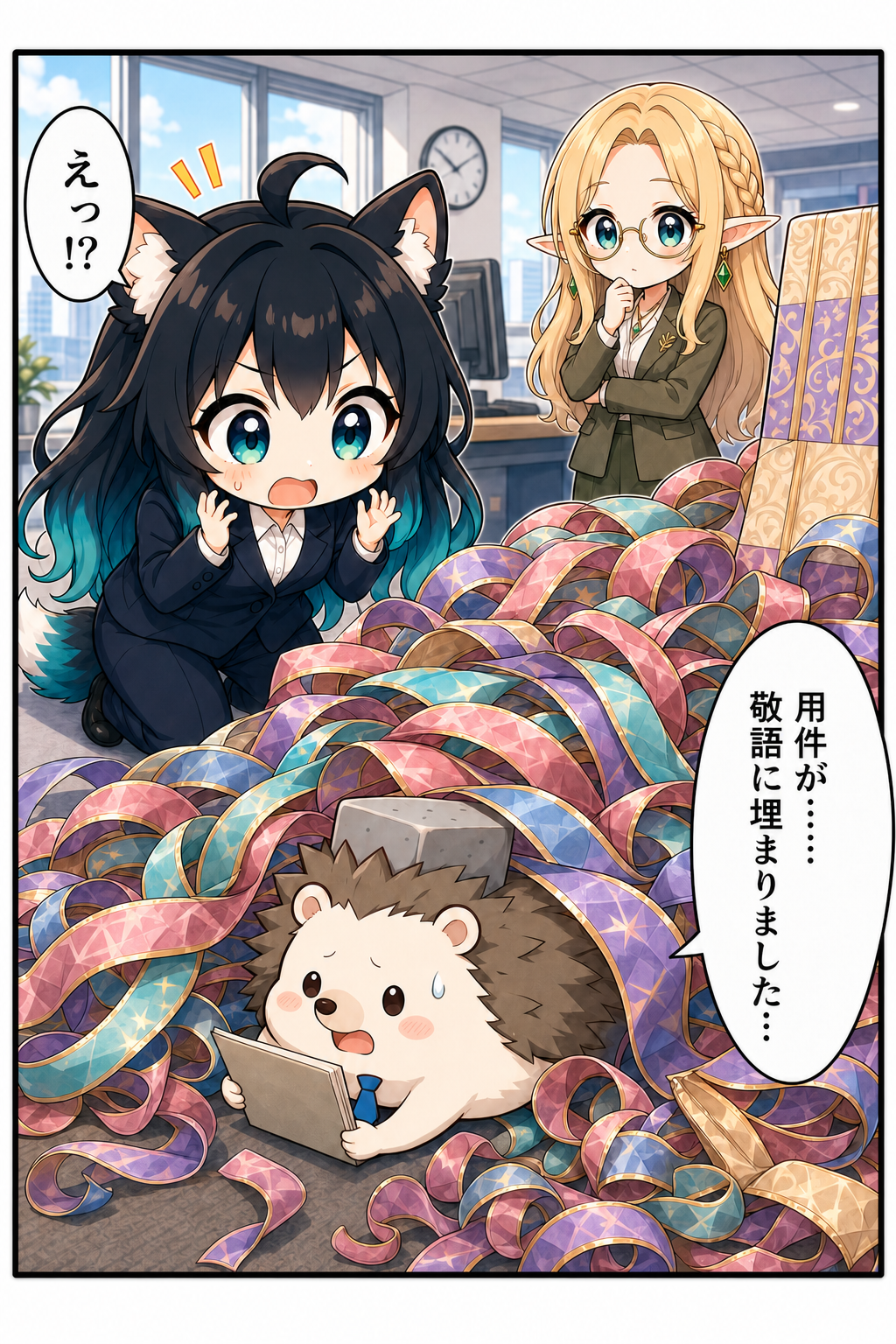 導入漫画3：用件が敬語のリボンに埋もれ、驚くアカネと資料を抱えたはりたも