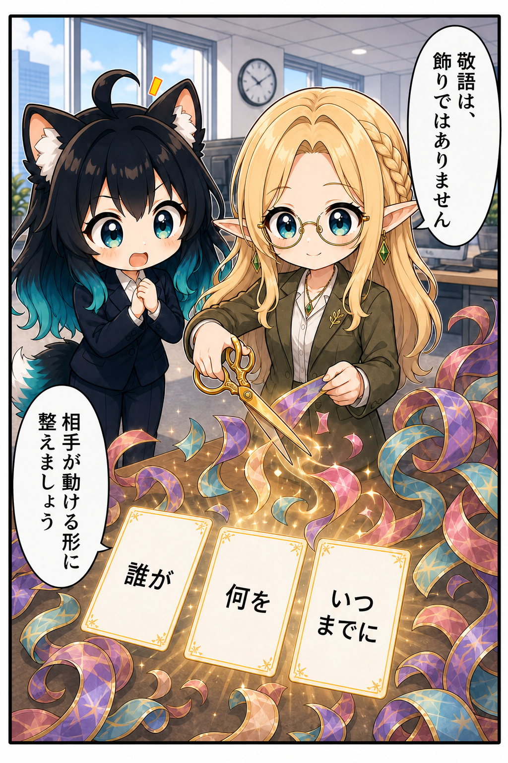 導入漫画4：余計な敬語を切り、「誰が・何を・いつまでに」を整理するコトネとアカネ