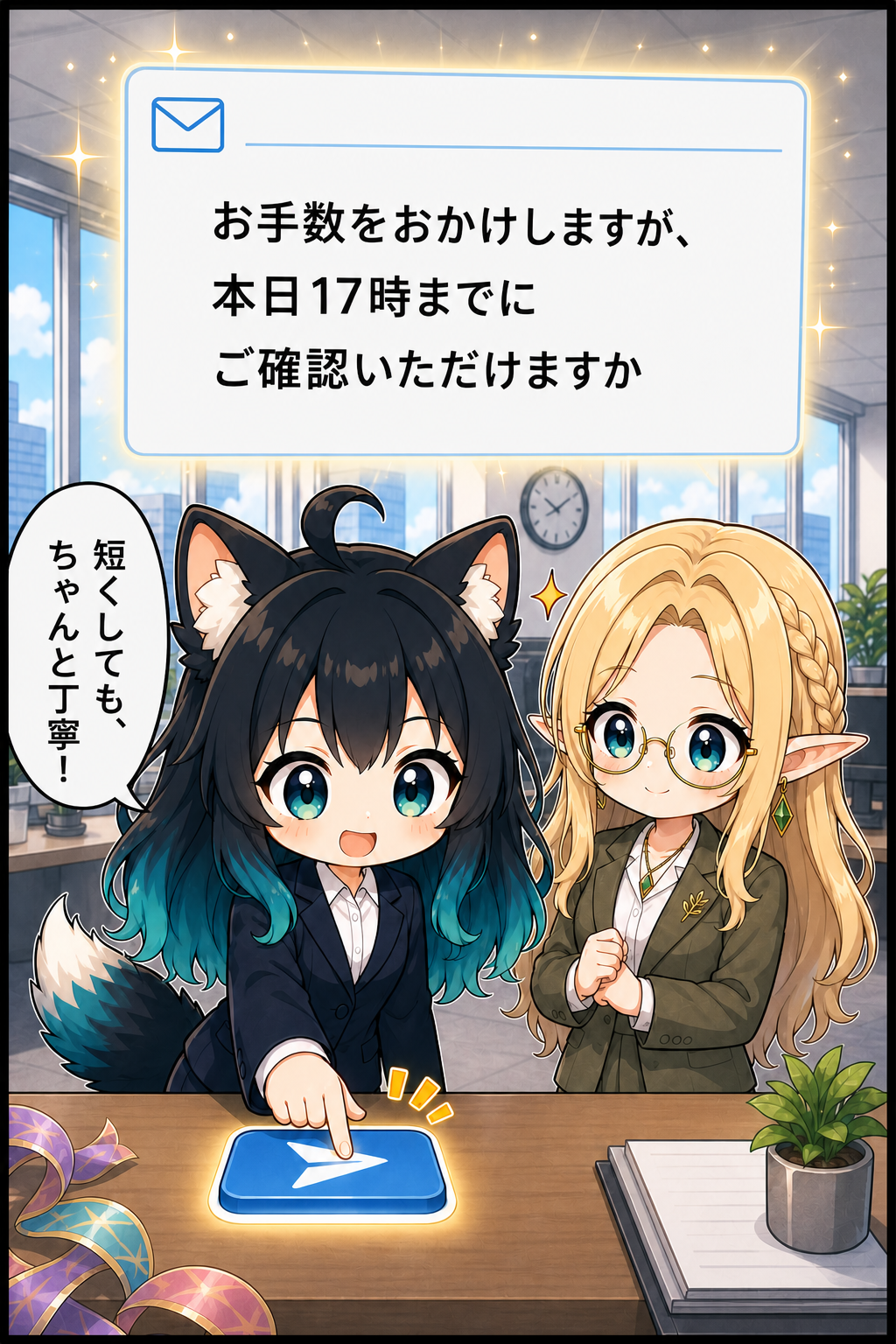 導入漫画5：期限を明記した簡潔なメールを送り、丁寧さを理解するアカネとコトネ