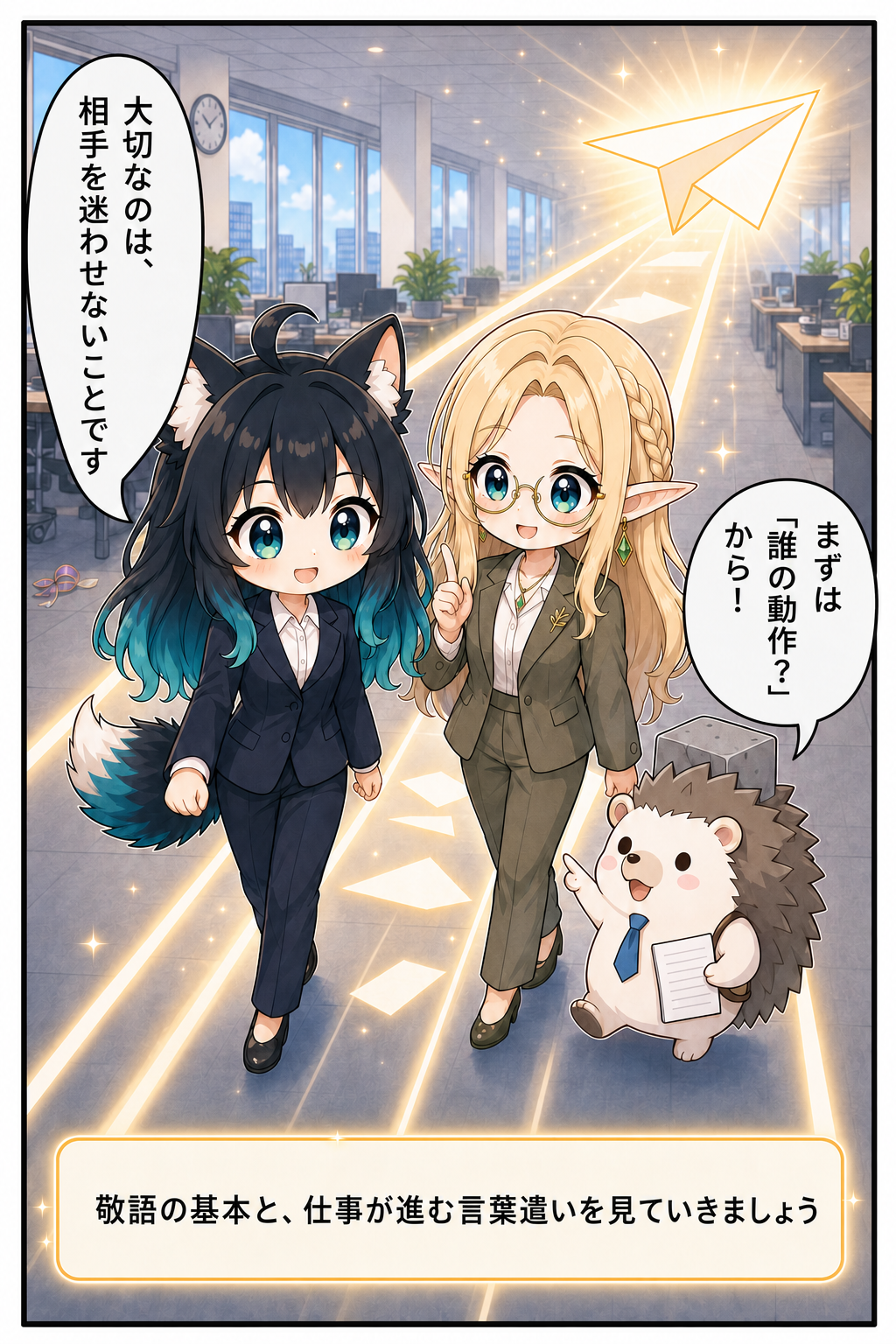 導入漫画6：相手を迷わせない言葉遣いを学び、仕事が進む光の道を歩くアカネたち