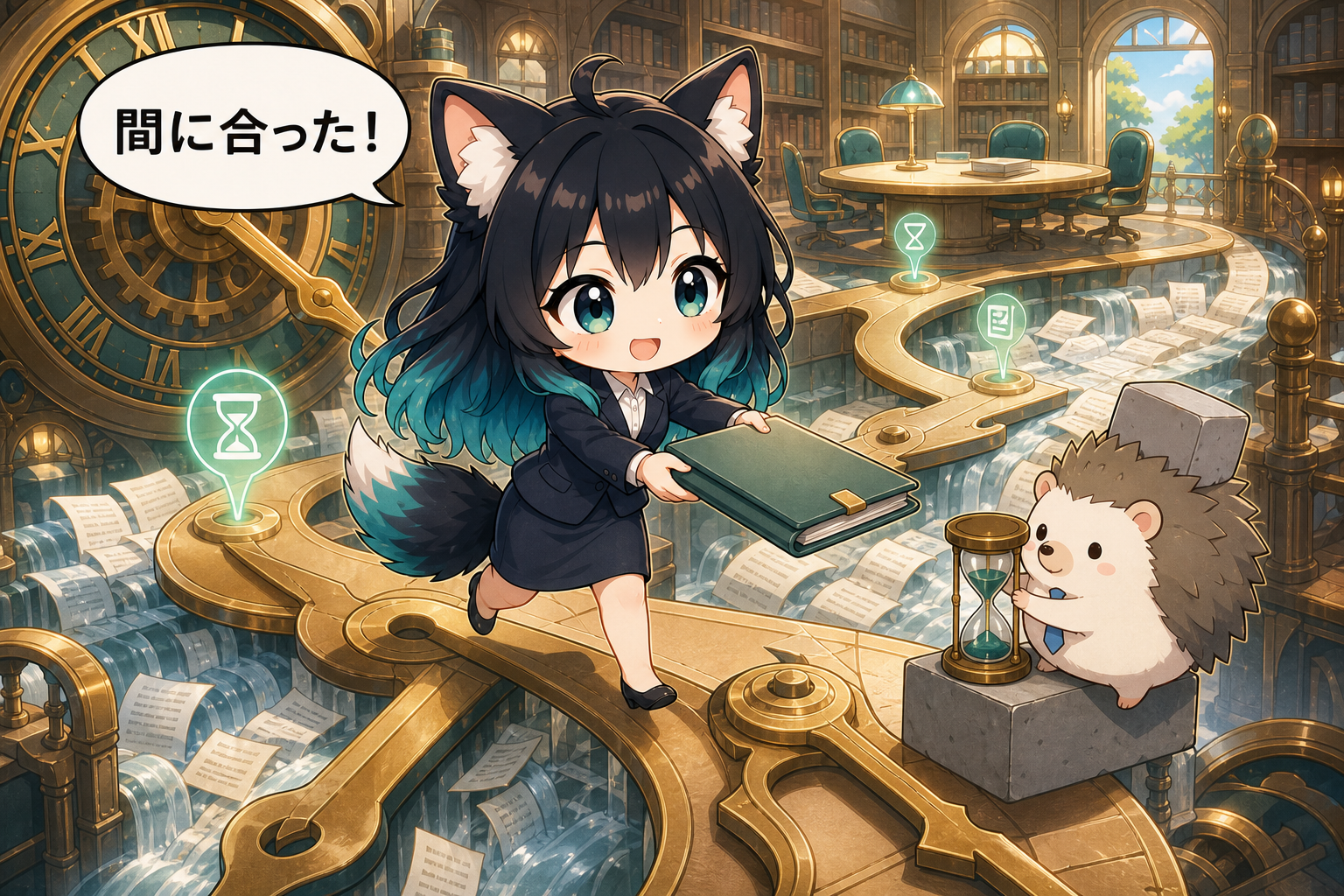 時計仕掛けの橋で期限までに資料を届け、時間厳守を実践するアカネとはりたも