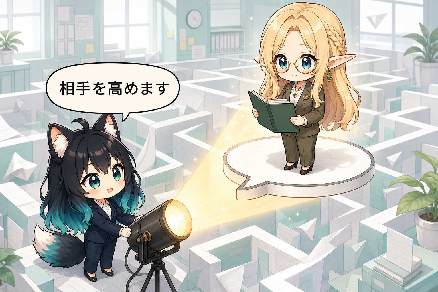 相手の動作を高める尊敬語を、スポットライトと高台で学ぶアカネとコトネ