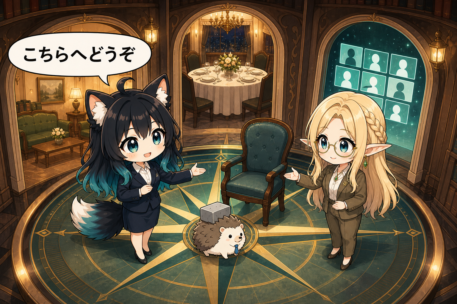 応接室・会食・オンライン会議に合わせ、上座下座を柔軟に使い分けて席へ案内するアカネとコトネ
