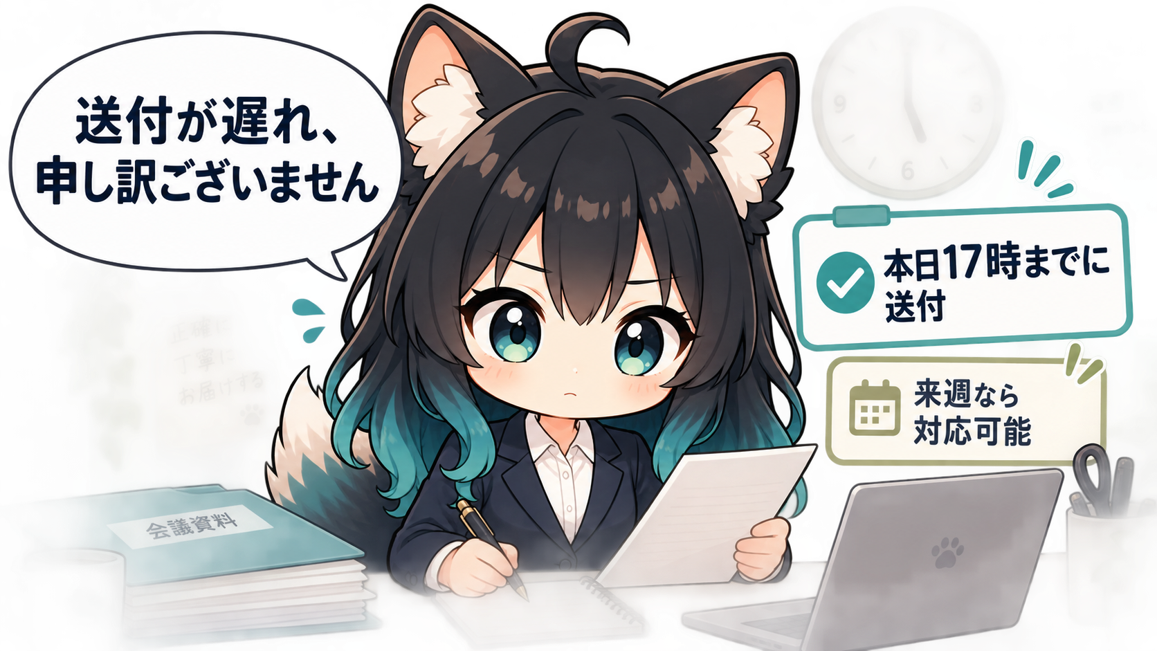 アカネが資料送付の遅れを謝罪し、本日17時までの送付予定と代替案を示すイラスト