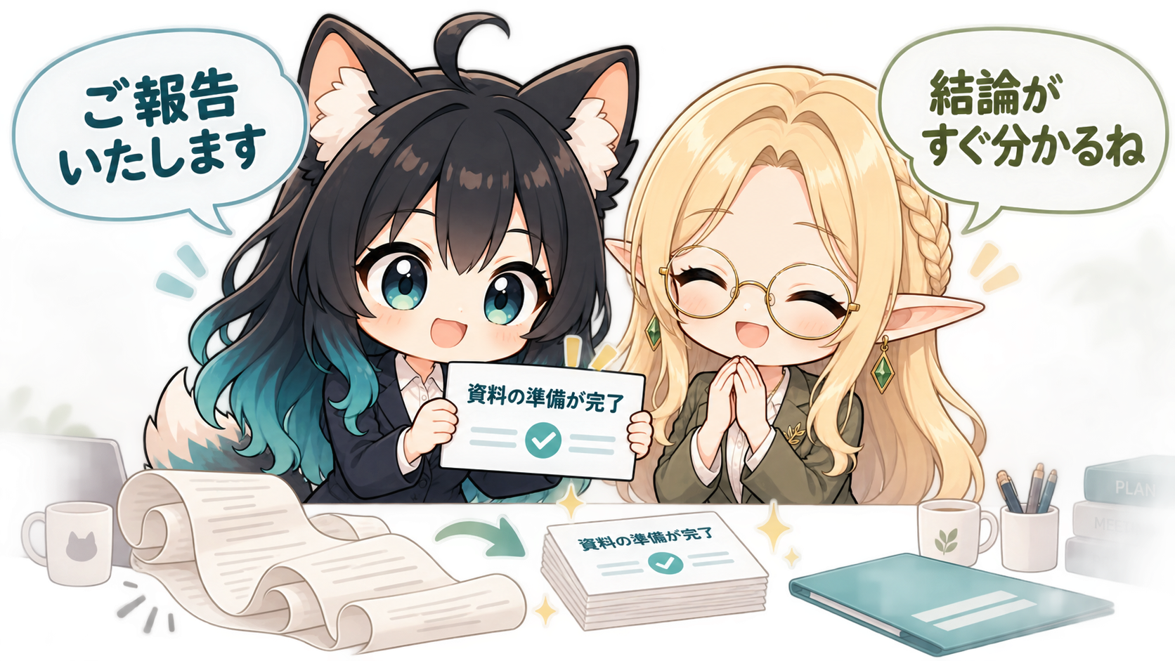アカネとコトネが長い報告文を整理し、資料準備の完了を簡潔な敬語で伝えるイラスト
