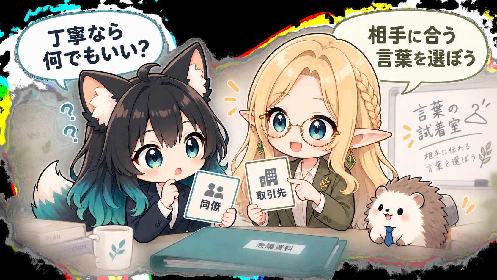 狐耳のアカネとエルフのコトネが、同僚と取引先に合うビジネス敬語を選ぶイラスト