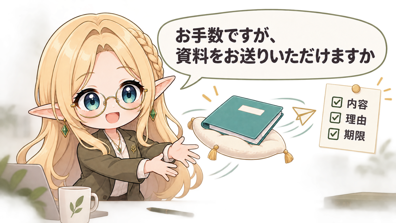 コトネが「お手数ですが」を添えて資料送付を依頼し、内容・理由・期限を確認するイラスト