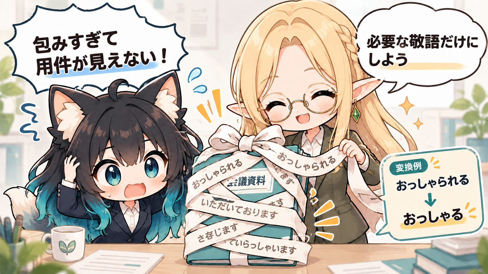 アカネとコトネが敬語の包装をほどき、「おっしゃられる」を「おっしゃる」に直すイラスト