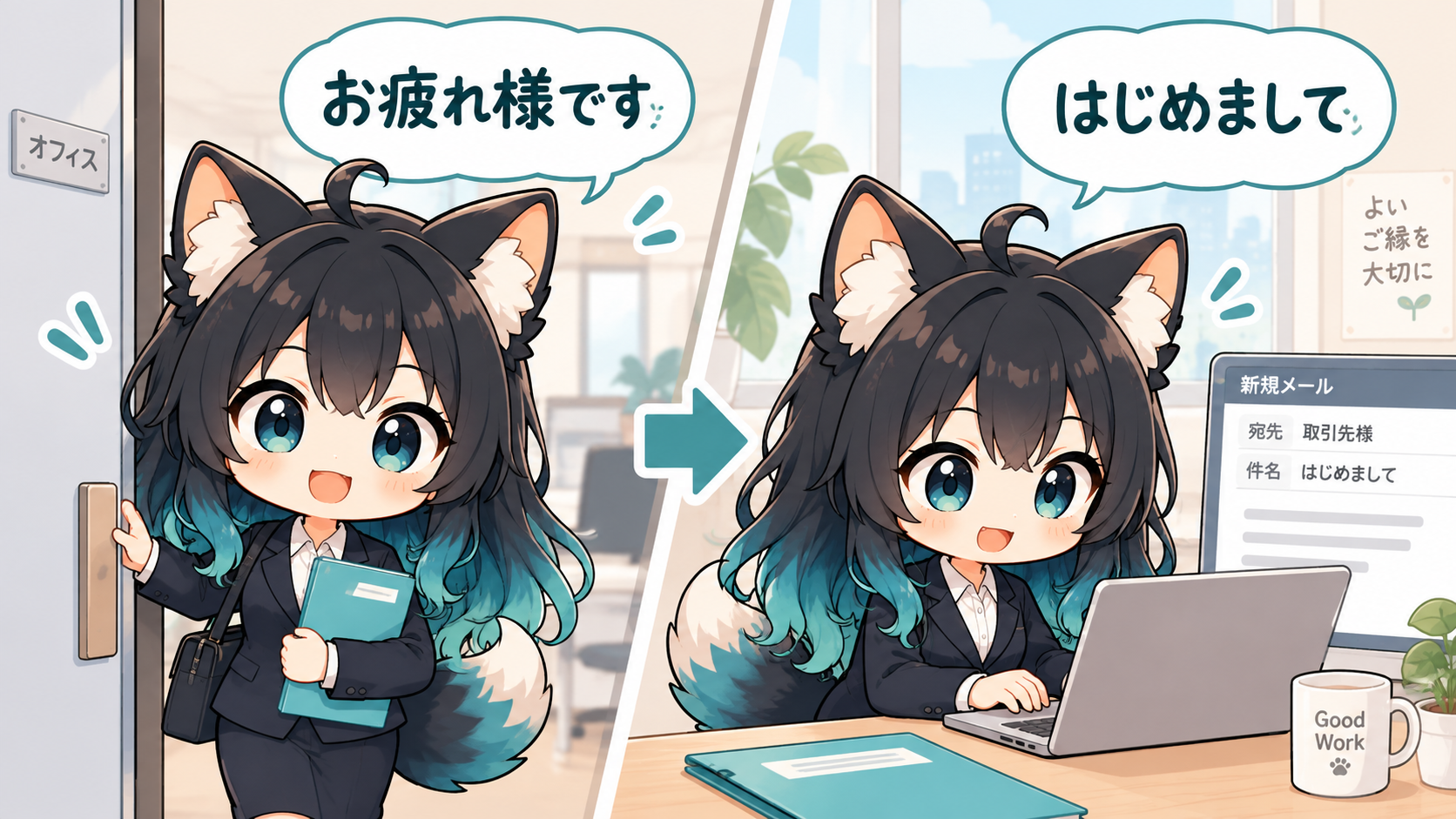 アカネが社内では「お疲れ様です」、初めての社外連絡では「はじめまして」と挨拶するイラスト