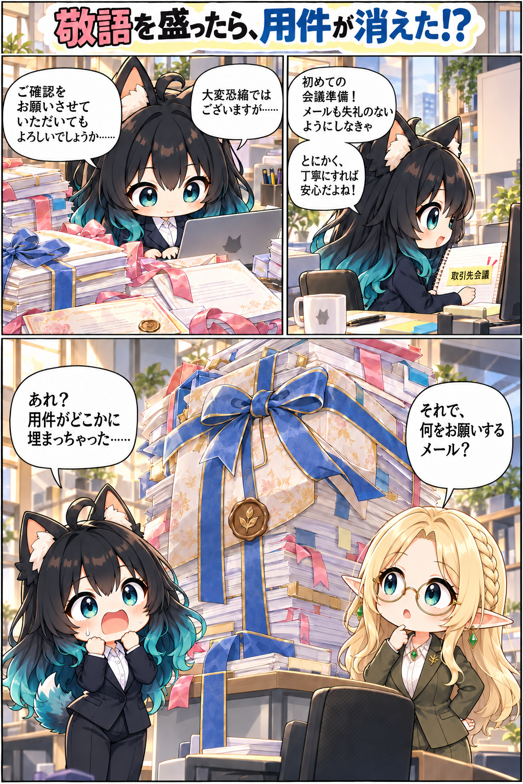 アカネが取引先へのメールを丁寧にしすぎて用件が埋もれる、ビジネス敬語の漫画1ページ目