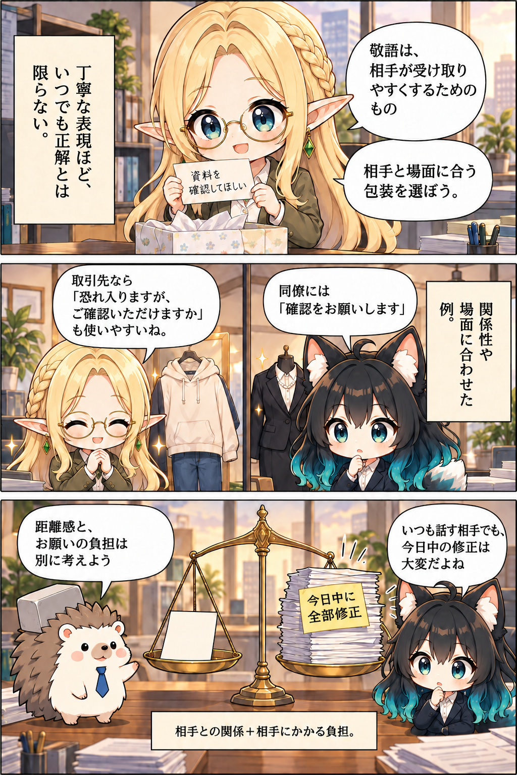 コトネとはりたもが相手との関係と依頼の負担に合う敬語を説明する漫画2ページ目