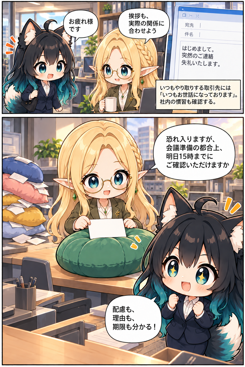 社内外の挨拶とクッション言葉を使った依頼を学ぶ漫画3ページ目