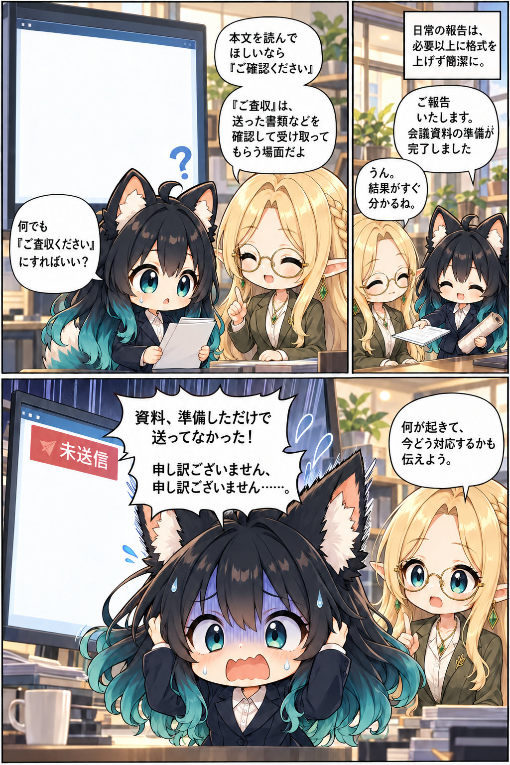 簡潔な報告と資料送付の遅れへの対応を描く漫画4ページ目