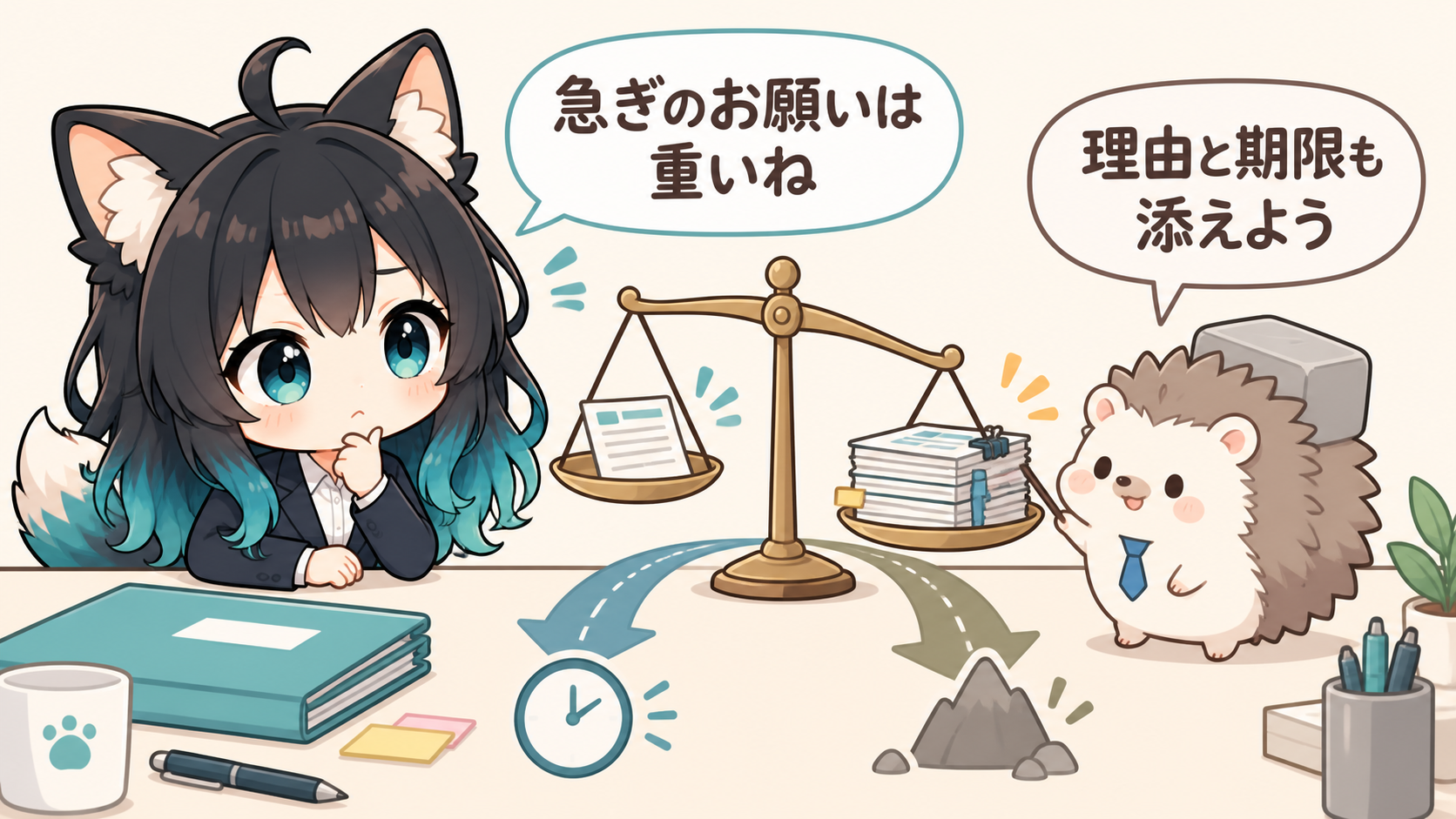 アカネとはりたもが天秤で依頼の負担を比べ、敬語に理由と期限を添えると確認するイラスト