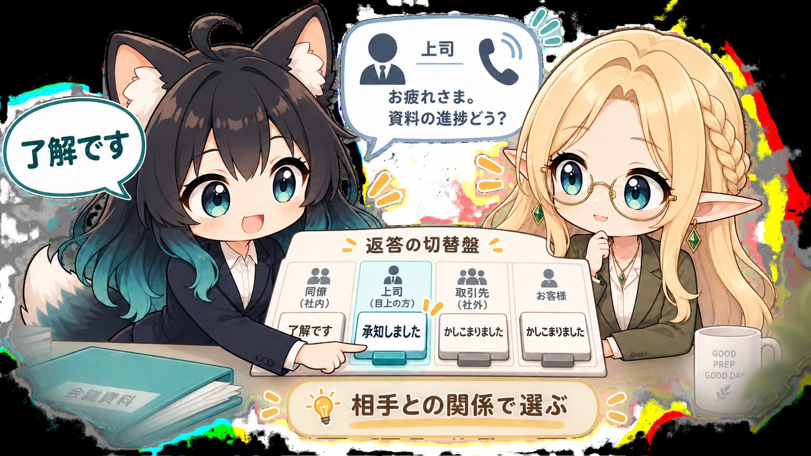 アカネとコトネが、同僚への「了解です」と上司への「承知しました」を使い分けるイラスト