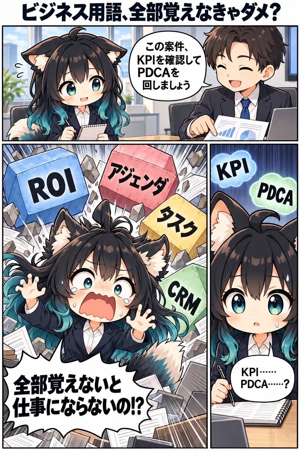 会議でKPIやPDCAなどのビジネス用語に戸惑う新人アカネの導入漫画