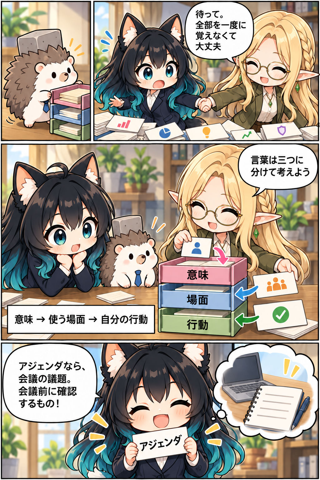 ビジネス用語を意味・場面・行動の三つに分けて覚える方法を学ぶ漫画
